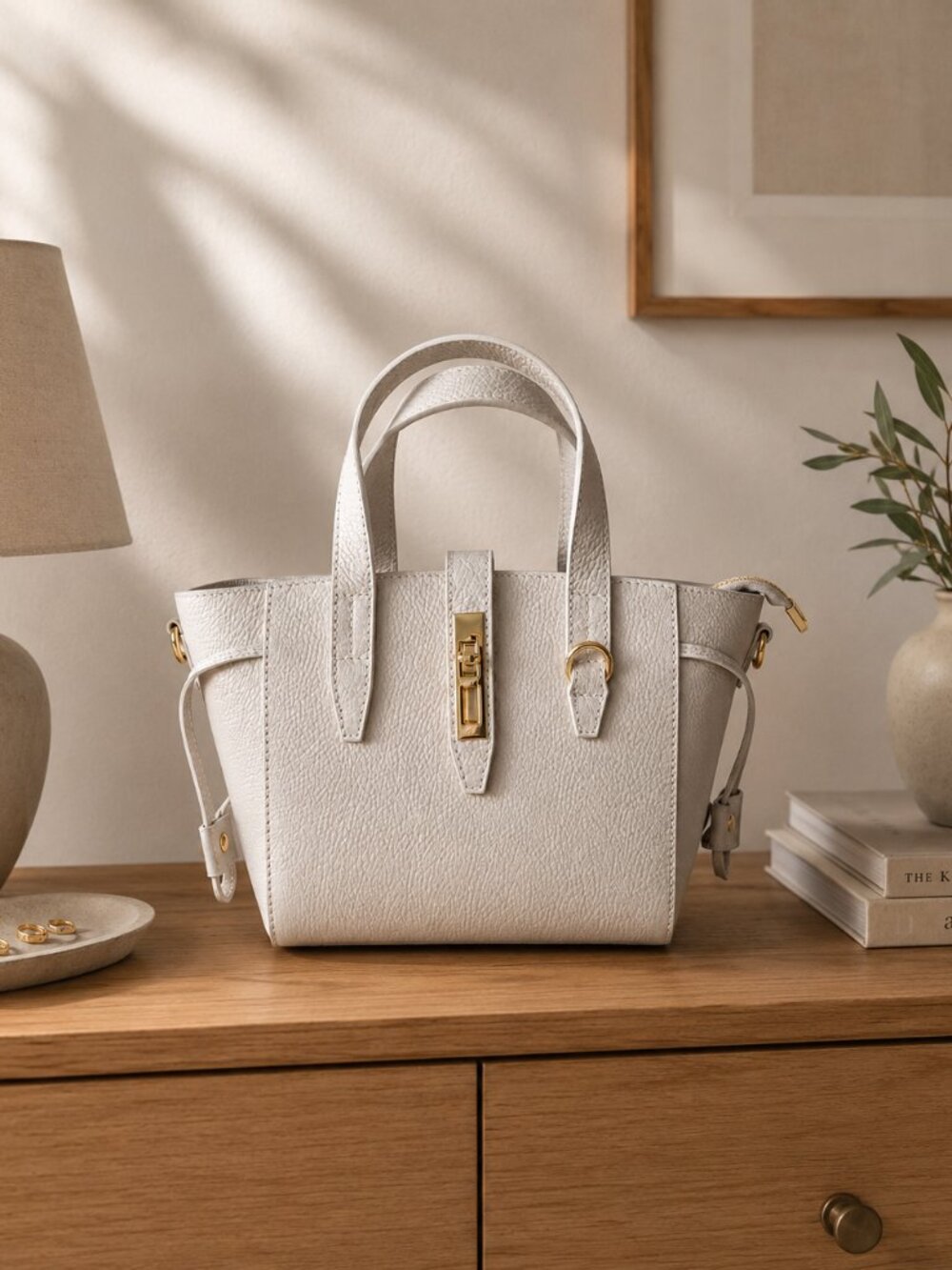 Beige Italian Leather Crossbody Top Handle Bag, Pebbled Leather Purse - Picture 1 of 16